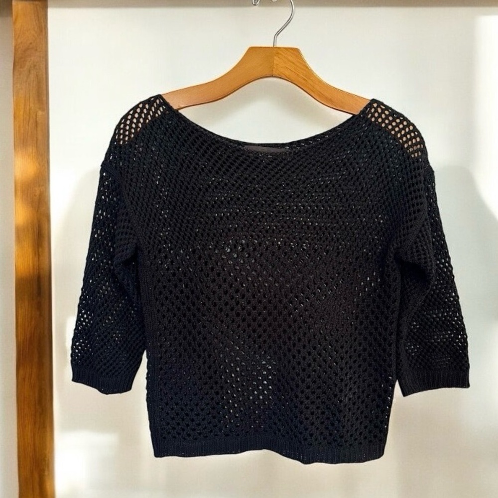 Bebe Black Open Knit Top 3/4 Sleeve Length Sweater Size Small